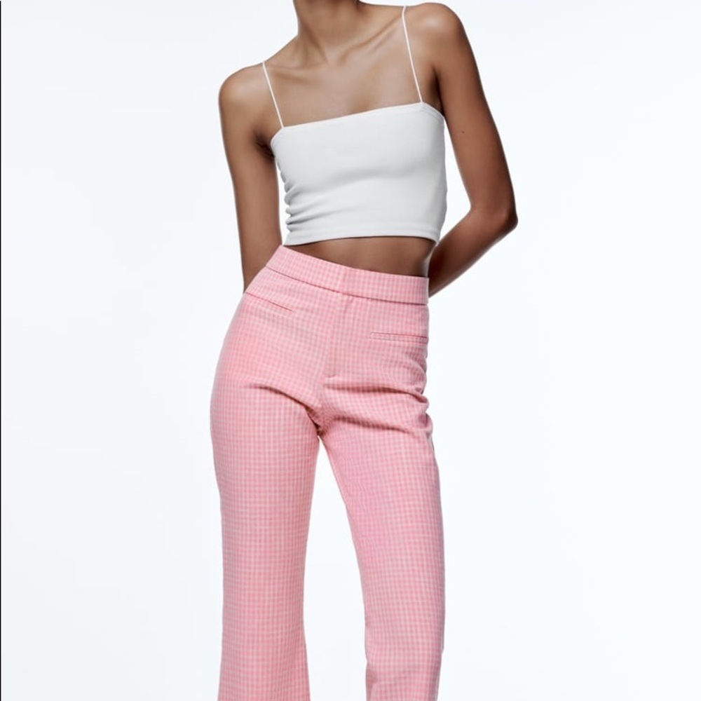 Zara Pink Gingham High-Rise Flared Pants - Picture 3 of 9